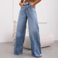 Damen weite High-Waist Jeans mit Distressed-Details WW