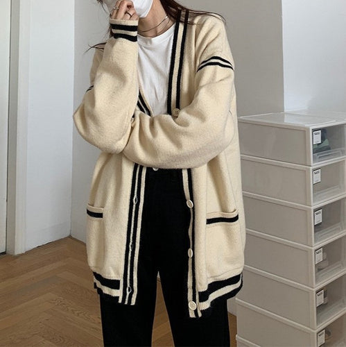 Damen bequeme Strickjacke mit lässigem Schnitt und dekorativem Streifen WW