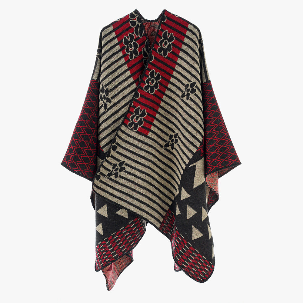 Damen Eleganter Poncho mit grafischem Muster und weichen Fransen WW