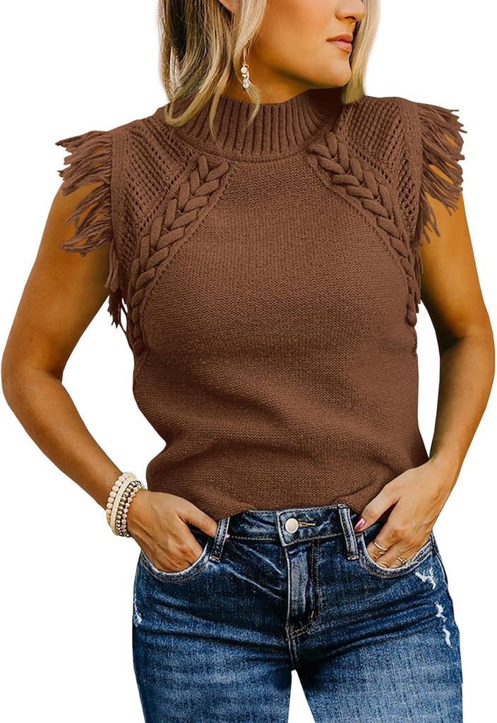 Damen elegantes Stricktop mit raffiniertem Häkelmuster und Fransen WW