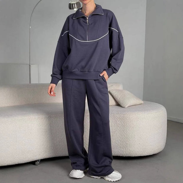 Damen sportliches Oberteil mit kurzer Reißverschluss-Zipfel und passenden Lockeren Hosen WW