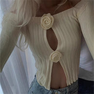 Damen Strickoberteil mit schulterfreiem Design und dekorativen Knöpfen WW