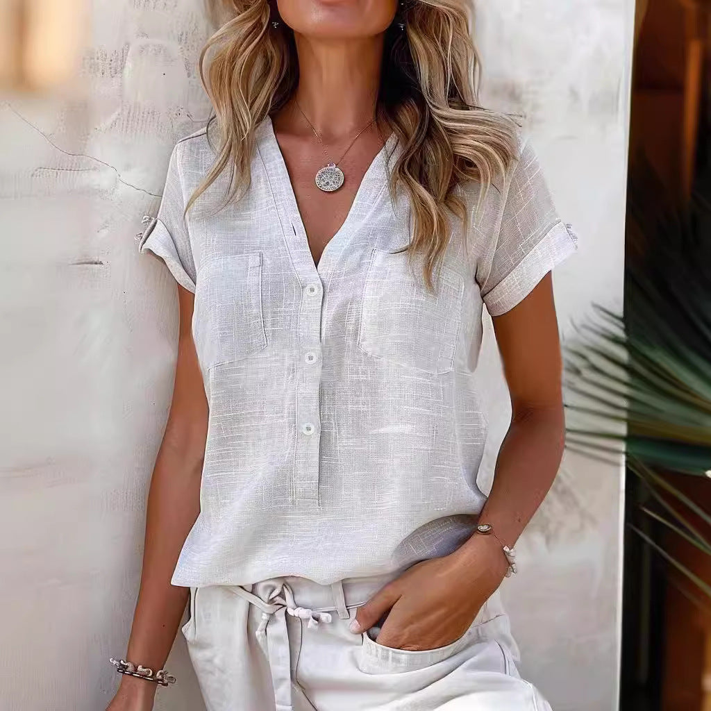 Damen Kurzarm Bluse mit Knopfleiste und Brusttaschen WW