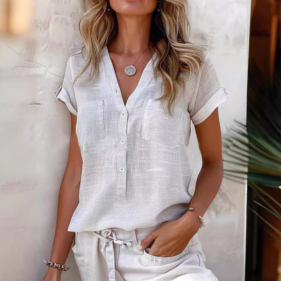 Damen Kurzarm Bluse mit Knopfleiste und Brusttaschen WW