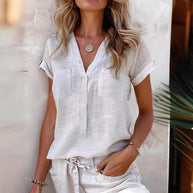 Damen Kurzarm Bluse mit Knopfleiste und Brusttaschen WW