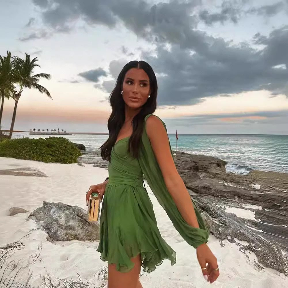 Damen romantisches Minikleid mit weich fließenden Ärmeln und Wickeloptik WW