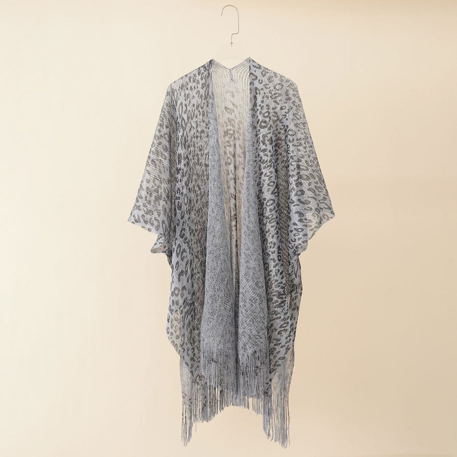 Damen Eleganter Fransen-Poncho mit Leopardenmotiv WW