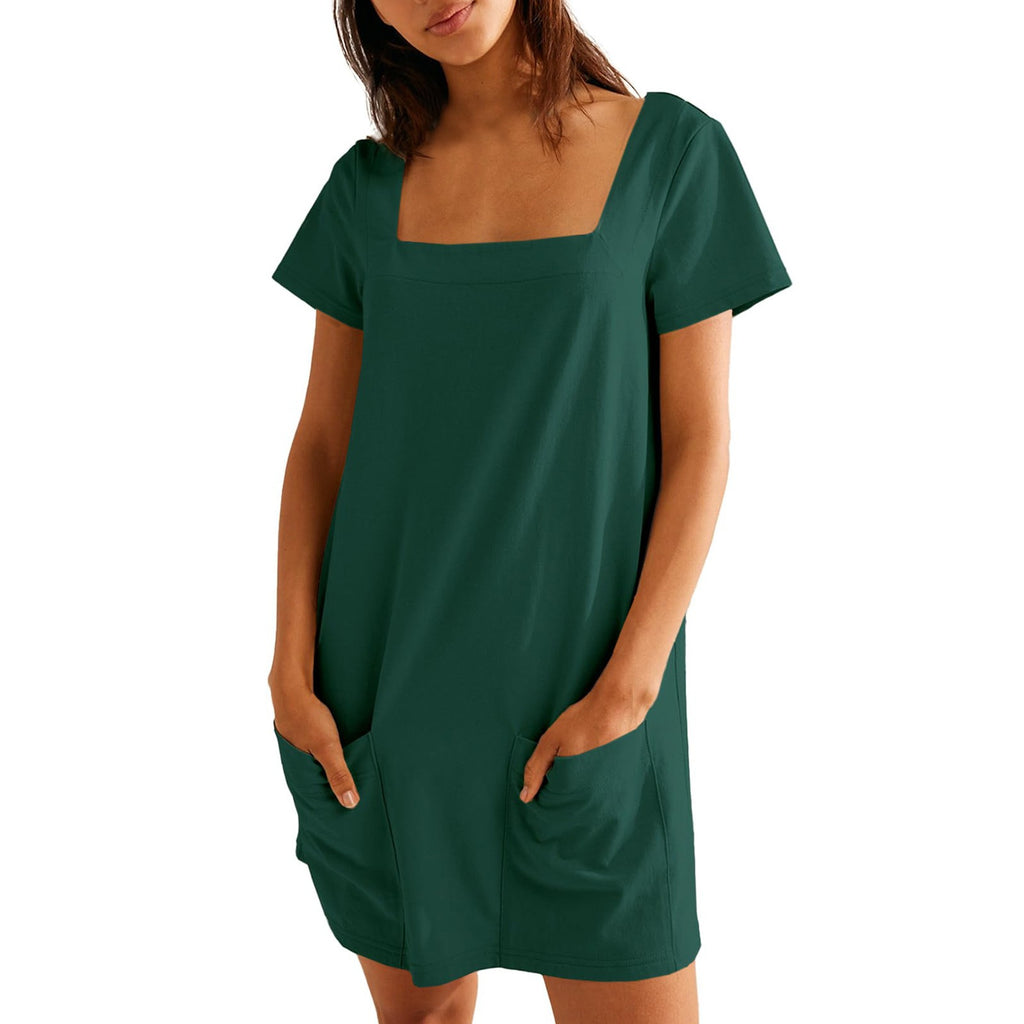 Damen lässiges Tunika-Kleid mit praktischen Taschen und Quadrat-Ausschnitt WW