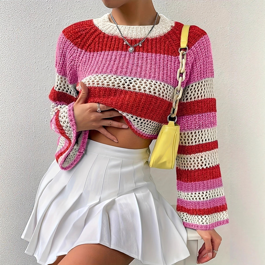 Damen Strickpullover mit verspieltem Lochmuster und bunten Streifen WW