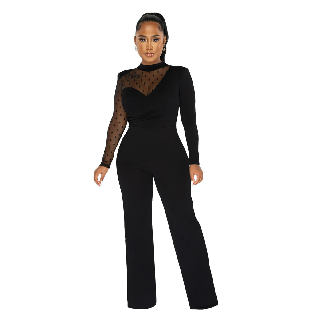 Damen Eleganter Jumpsuit mit transparenten Ärmeln und stilvollem Wickeldesign WW