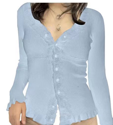 Damen Strickoberteil mit romantischem Spitzenbesatz und Rüschendetails WW