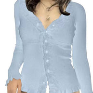 Damen Strickoberteil mit romantischem Spitzenbesatz und Rüschendetails WW
