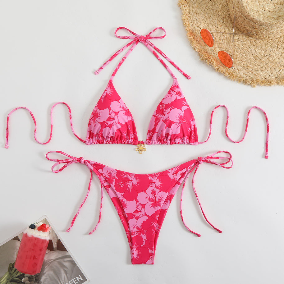 WW | Damen Triangel-Bikini-Set mit verspieltem Blumenmuster und Bindebändern