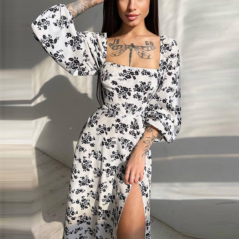 Damen Maxikleid mit elastischen Puffärmeln und sexy Schlitz W&W Mode