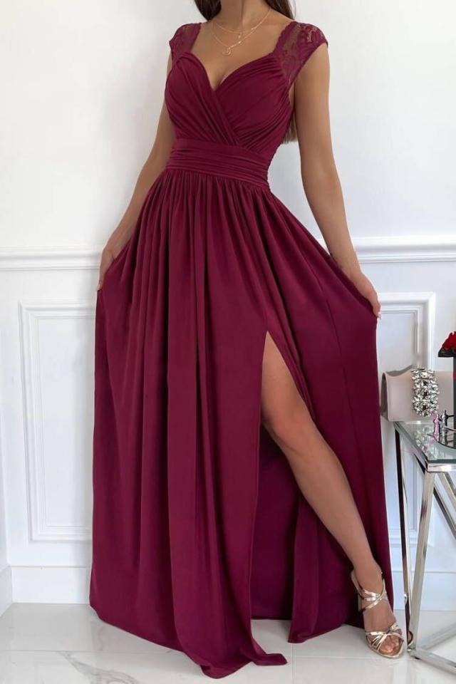 Glamouröses Rüschen-Abendkleid mit V-Ausschnitt &amp; Schlitz