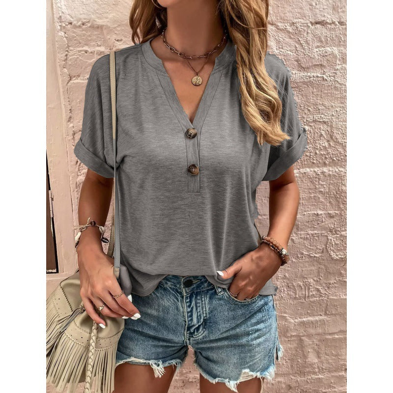 Damen lässiges V-Ausschnitt Shirt mit Knopfleiste WW