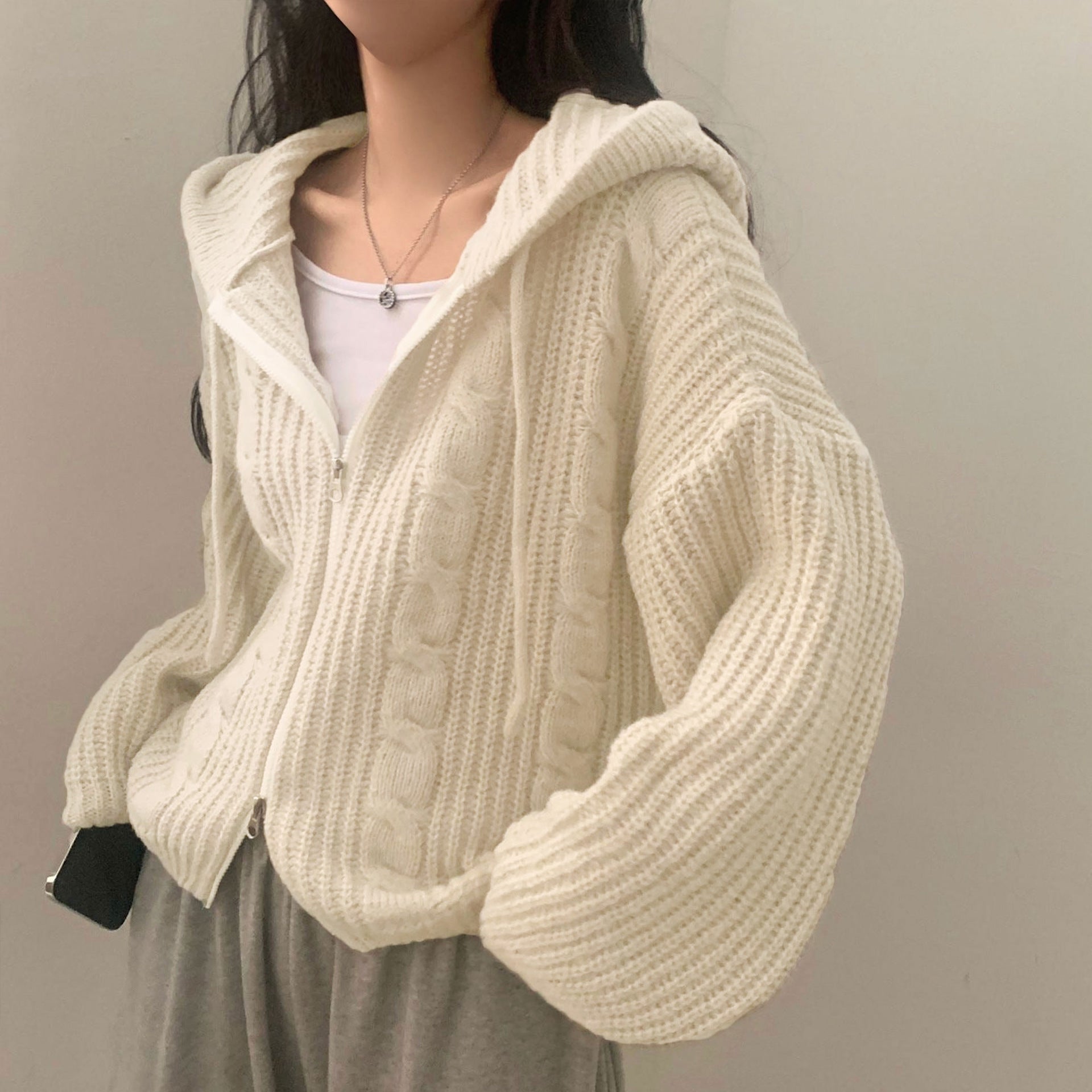 Damen Bequemer Strickjacke mit Kapuze und Reißverschluss WW