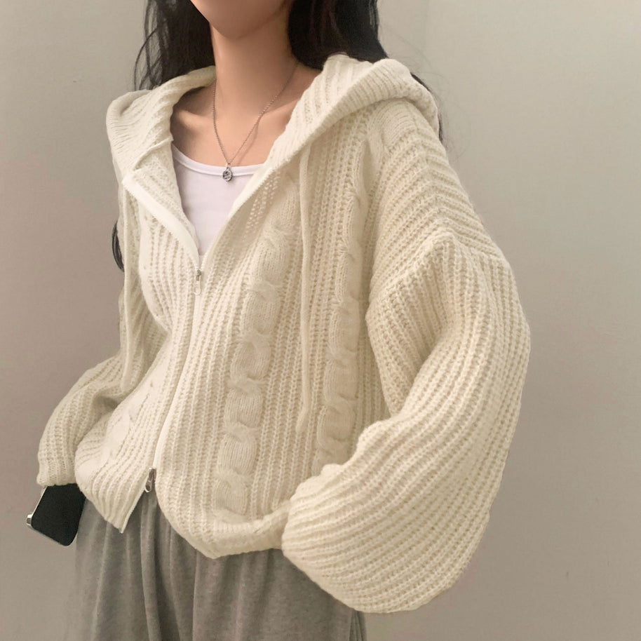 Damen Bequemer Strickjacke mit Kapuze und Reißverschluss WW