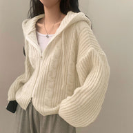 Damen Bequemer Strickjacke mit Kapuze und Reißverschluss WW