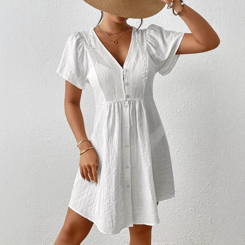 Damen Sommerkleid mit Puffärmeln und Knopfleiste WW