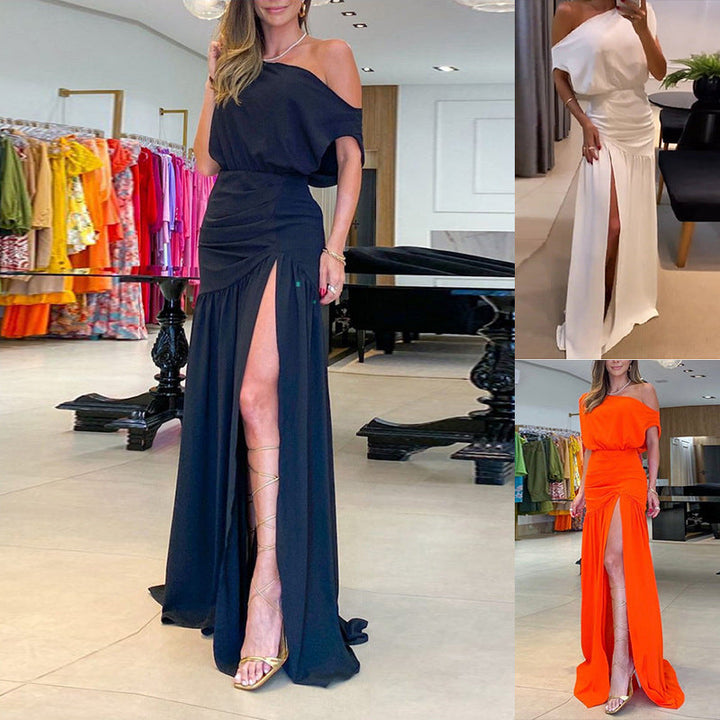 Damen schulterfreies Maxikleid mit fließendem Design und hohem Schlitz W&W Mode