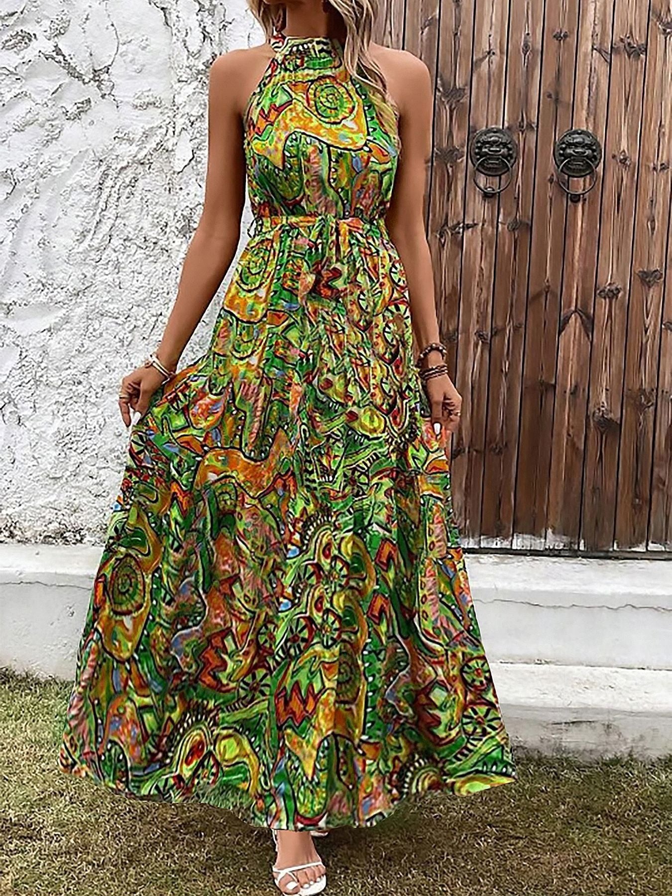 Damen Maxikleid im Boho-Stil mit elegantem Halterneck und seitlichem Bindegürtel WW