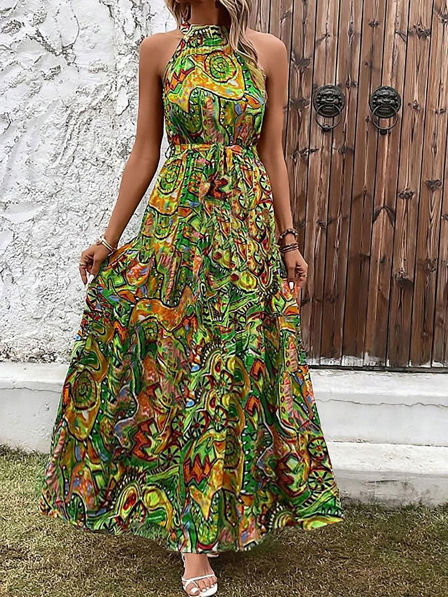 Damen Maxikleid im Boho-Stil mit elegantem Halterneck und seitlichem Bindegürtel WW