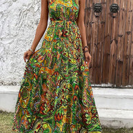 Damen Maxikleid im Boho-Stil mit elegantem Halterneck und seitlichem Bindegürtel WW