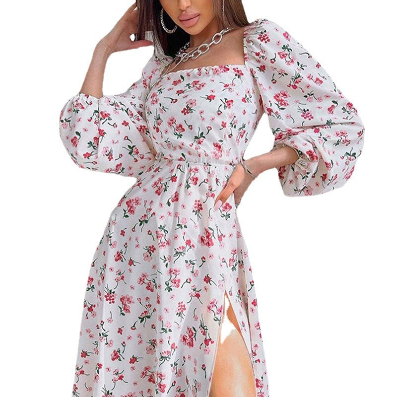 Damen Maxikleid mit elastischen Puffärmeln und sexy Schlitz W&W Mode