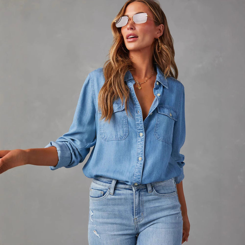 Damen Denim-Hemd mit umschlagbaren Ärmeln und zwei Brusttaschen WW