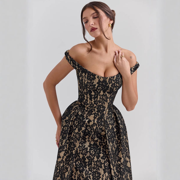 Damen Abendkleid mit schulterfreiem Design und exquisite Spitze WW