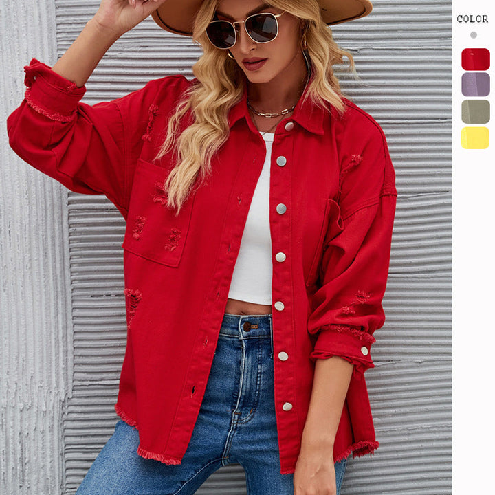 Damen Denim-Hemdjacke im lässigen Oversized-Schnitt mit fransigen Details W&W Mode