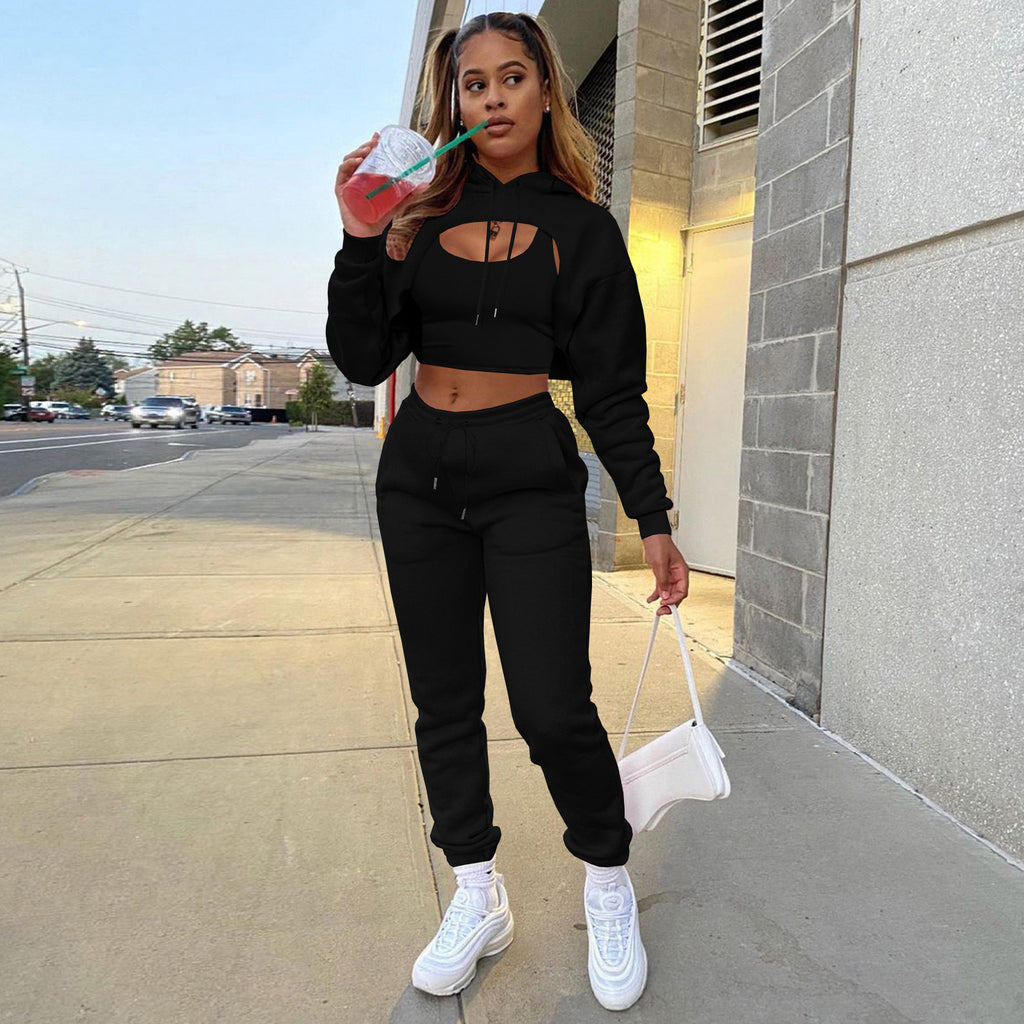 Damen Sportlicher Zweiteiler mit cropped Hoodie und bequemen Jogginghosen WW