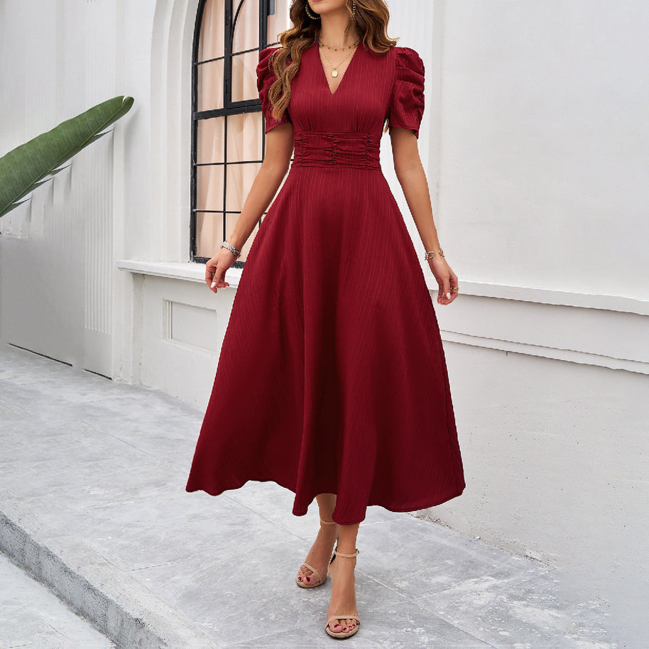Damen Midi Kleid mit Puffärmeln und V-Ausschnitt WW