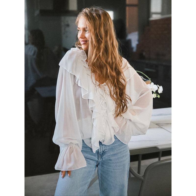 Damen Luftige Rüschenbluse aus Chiffon mit Oversize-Schnitten WW