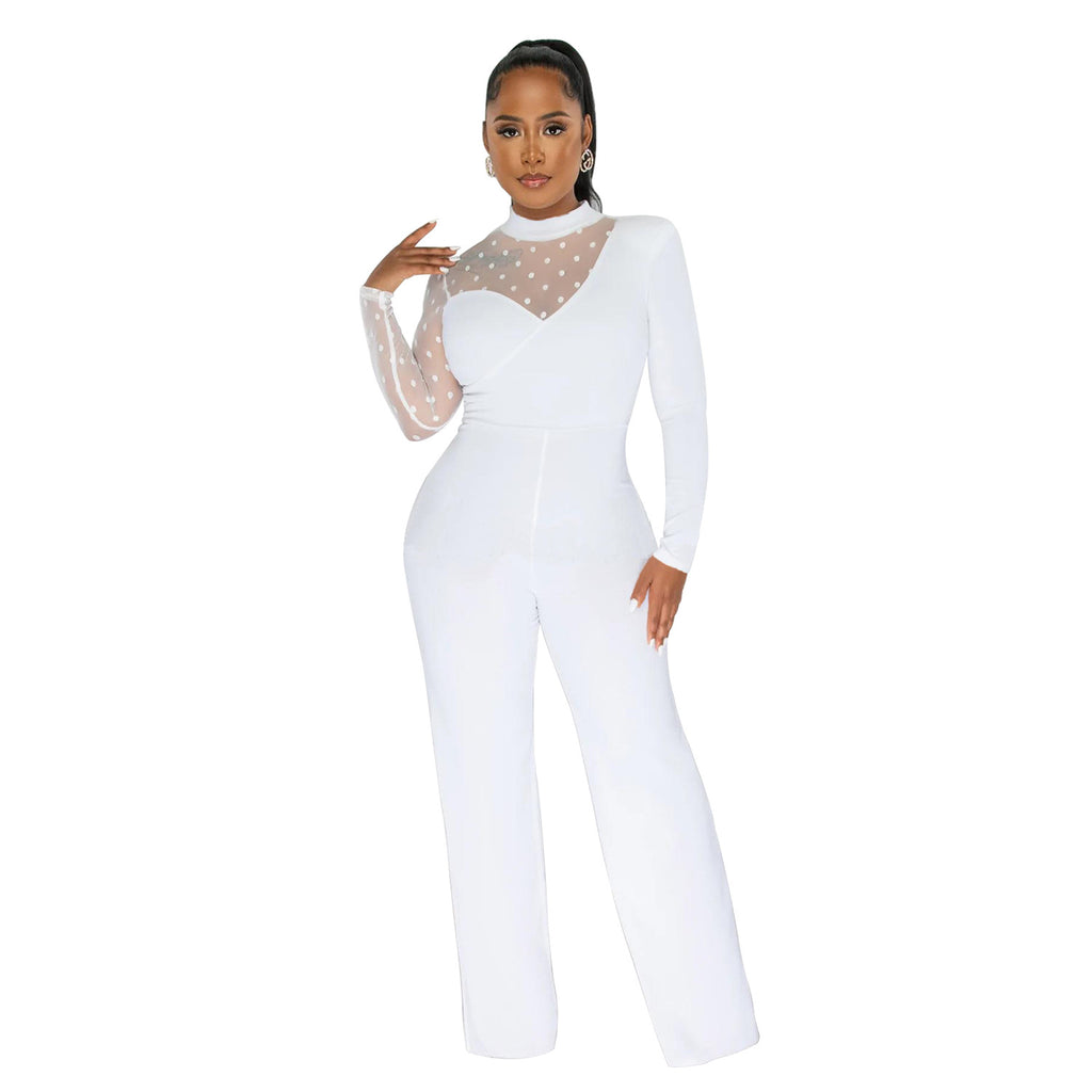 Damen Eleganter Jumpsuit mit transparenten Ärmeln und stilvollem Wickeldesign WW