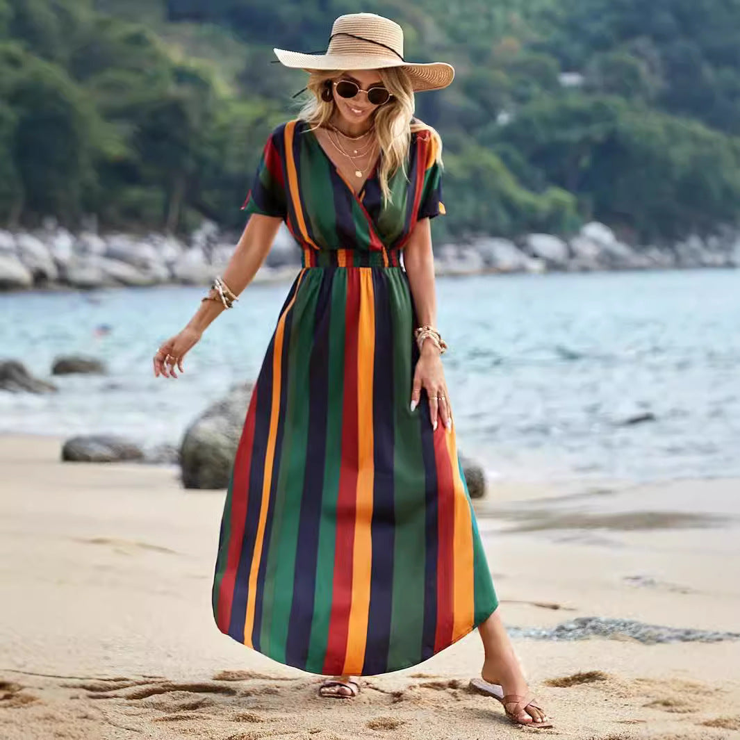 W&W Mode | Gestreiftes Elastisches Taillenstrandkleid