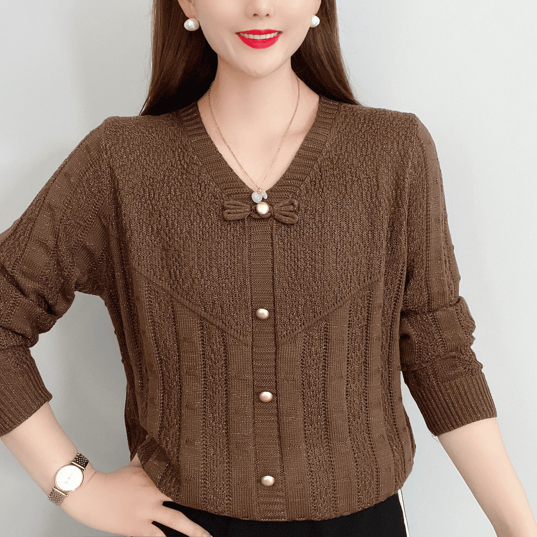Damen Strickoberteil mit dekorativen Perlenknöpfen und raffiniertem Schleifen-Design WW