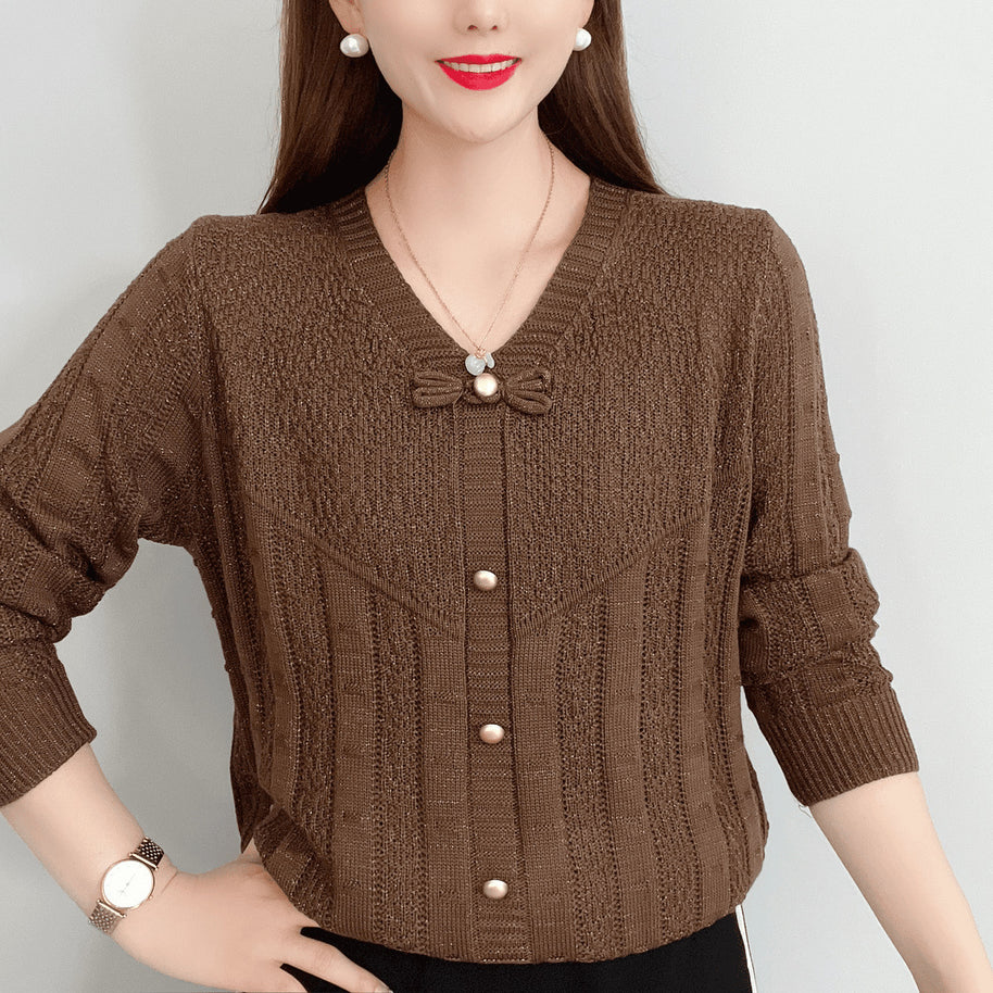 Damen Strickoberteil mit dekorativen Perlenknöpfen und raffiniertem Schleifen-Design WW