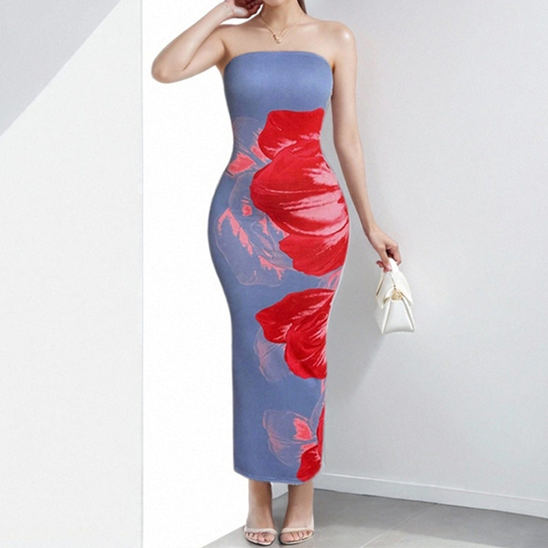 Damen Etui Maxikleid mit schulterfreiem Design und floralem Druck WW
