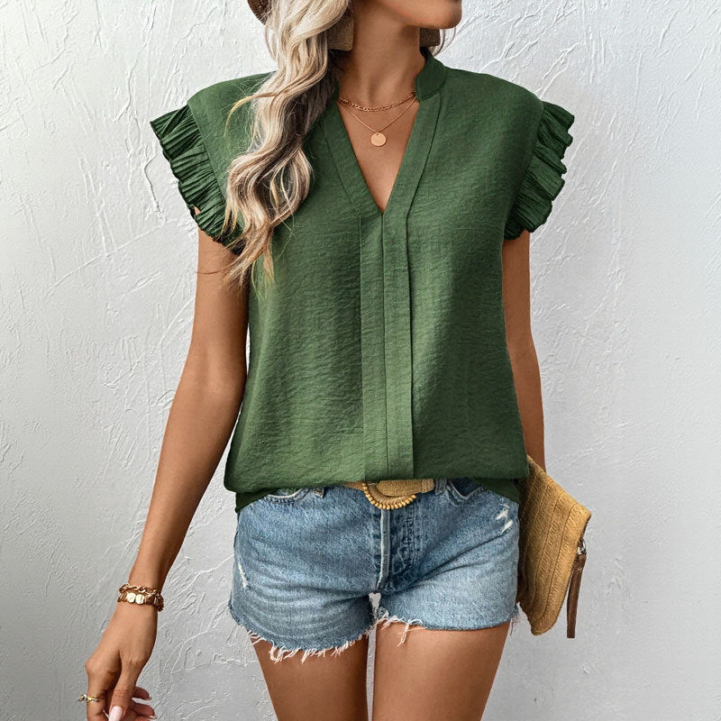 Damen Bluse mit voluminösen Rüschenärmel und eleganter V-Ausschnitt WW