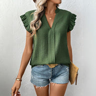 Damen Bluse mit voluminösen Rüschenärmel und eleganter V-Ausschnitt WW