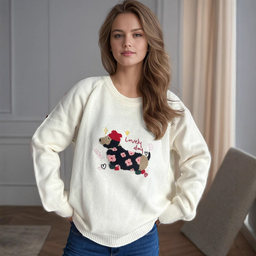 Damen Pullover mit tierischem Motiv und dekorativen Stickereien WW
