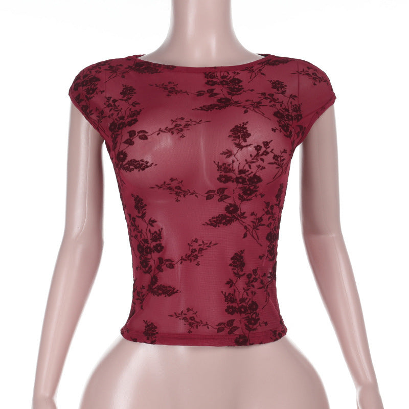 Damen Spitzenoberteil mit floralem Muster und transparenter Gestaltung W&W Mode