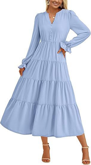 Damen Gestuftes Langarm Maxikleid WW