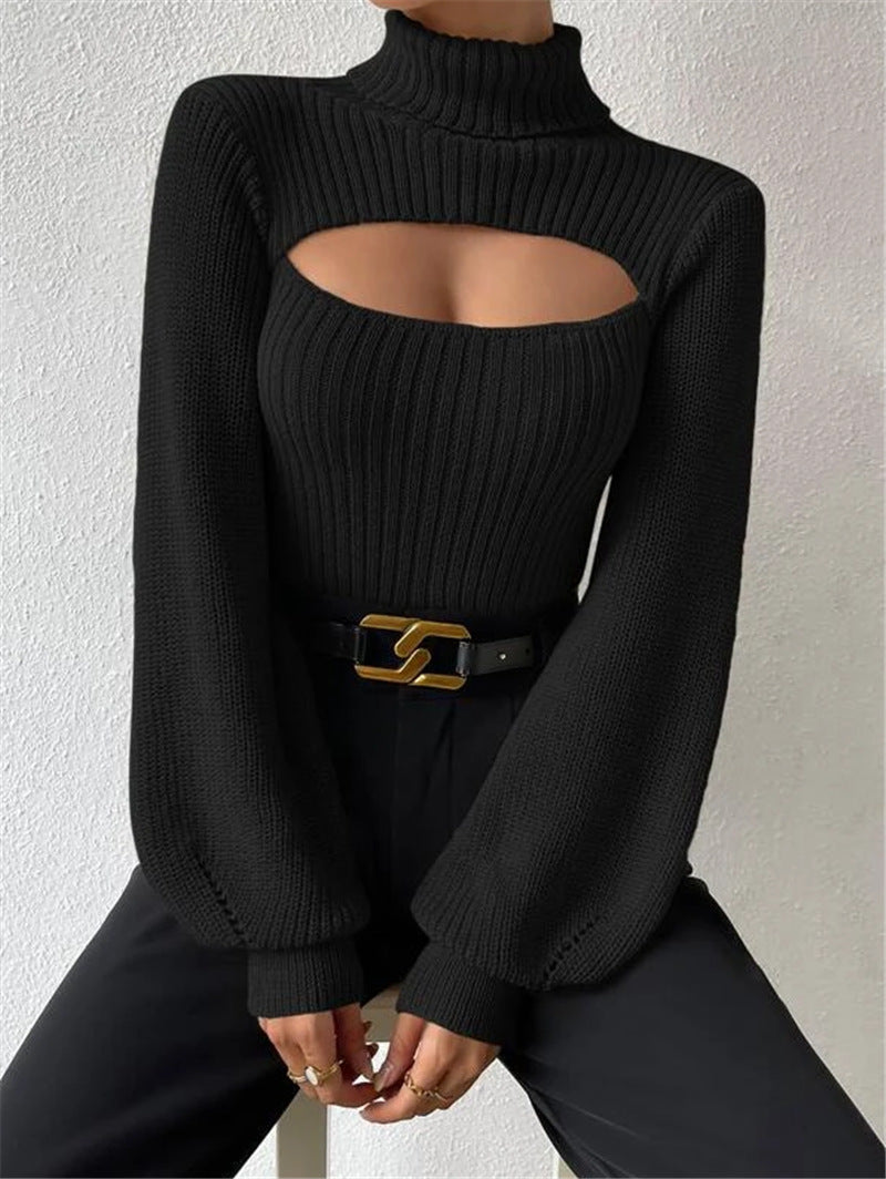 Damen Strickpullover mit Trendigem Cut-Out und Hohem Kragen WW