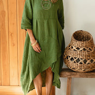 Damen asymmetrisches Sommerkleid aus Leinen mit gerafftem Saum WW