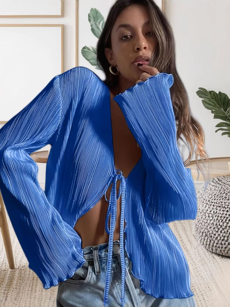 Damen Plissé Bluse mit weiten Ärmeln und Krawattenverschluss WW