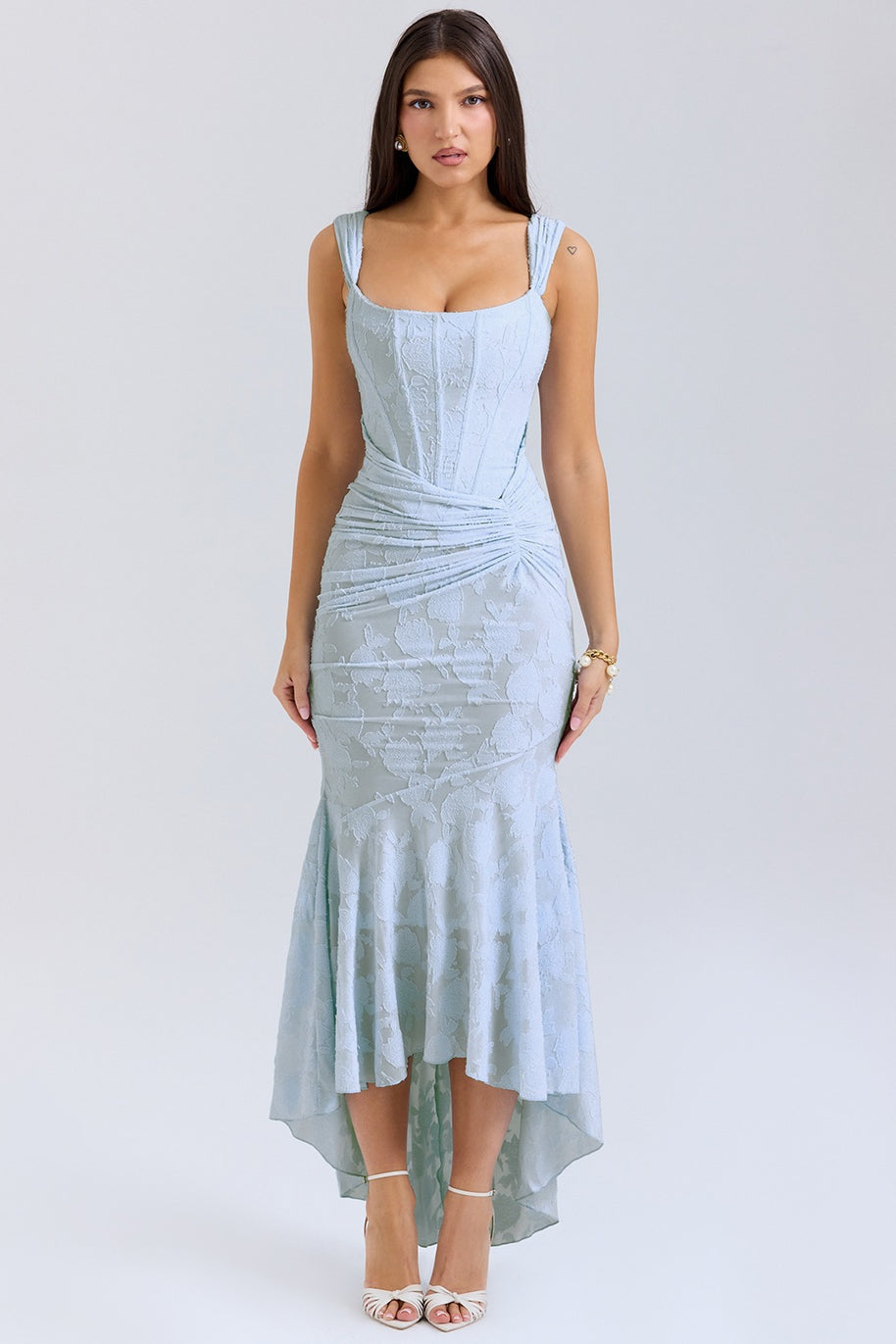 Damen Elegantes Maxikleid mit floralem Relief und asymmetrischem Saum WW