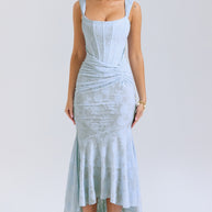 Damen Elegantes Maxikleid mit floralem Relief und asymmetrischem Saum WW